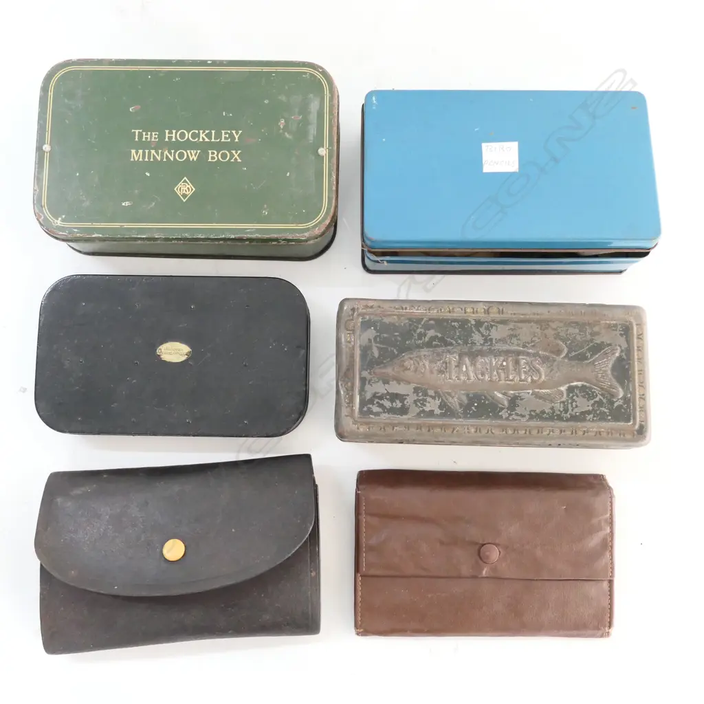 MALLOCH'S JAPANNED FLY BOX,  'TACKLES' TIN & CONTENTS, LEATHER FLY WALLET, JAPARA FLY WALLET, CASTS, ETC. Image 1++
